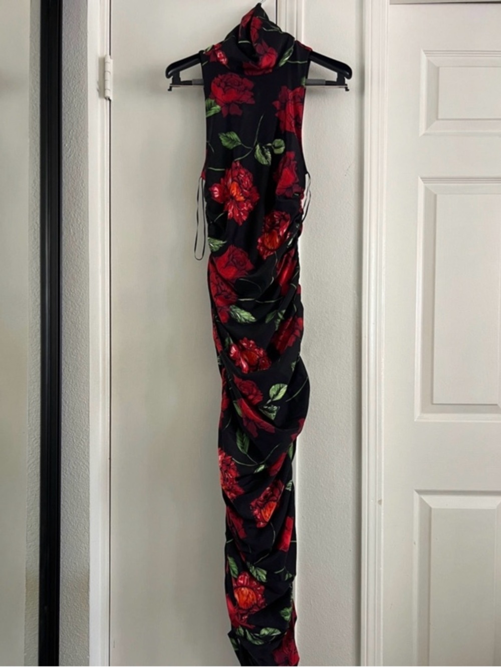 BRAND NEW AFRM Black Sleeveless Floral Ruched Jumpsuit with Red Roses